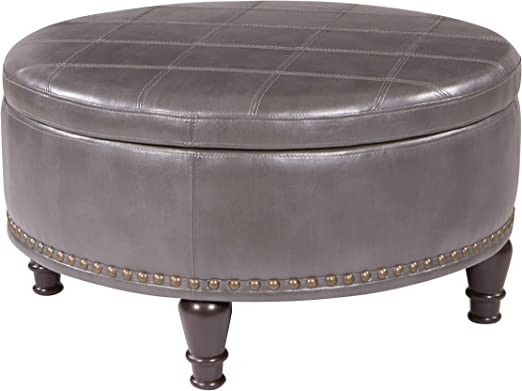 OSP Home Furnishings Augusta Round Storage Ottoman with Decorative Nail Head and Flip Cover, with Tray Finish, Turquoise Faux Leather